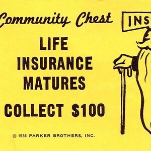 Vintage 1960s Monopoly Game Community Chest Life Insurance Madura Tarjeta con fondo amarillo y en blanco - Descarga DIGITAL Imprimible