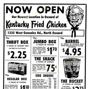 Vintage 1967 Kentucky Fried Chicken KFC Menu Frameable Art Digital Download Printable - Instant Download!