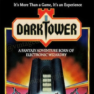 May include: A vintage board game box cover featuring a dark tower with a red and gold castle on top. The game is called "Dark Tower" and is described as a "fantasy adventure born of electronic wizardry". The box art features a colorful illustration of a wizard, a warrior, and a creature.