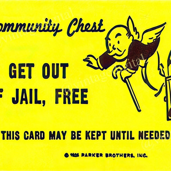 Vintage 1960s Monopoly Game Community Chest Get Out of Jail Free Card Framable Art Digital Download Printable - Instant Download!