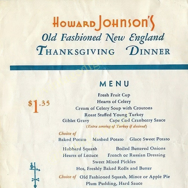 Vintage 1960s Howard Johnson's Restaurant Thanksgiving Old Fashioned Dinnner Menu Framable DIGITAL Art Download Printable Instant Download!