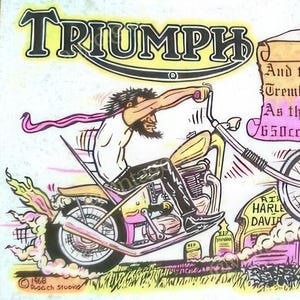 Vintage jaren 1970 Triumph Motorcycle cartoon opstrijkbaar T-shirt overdracht digitale download afdrukbare Art Ephemera Junk Journal - Instant Download!