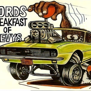 Puede incluir: Un coche de músculo verde con llamas saliendo del tubo de escape. El coche tiene un motor grande con un sobrealimentador y el texto "FORDS BREAKFAST OF CHEVYS" está impreso en la imagen.