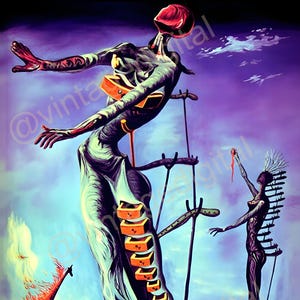 May include: Surrealist painting featuring a figure with drawers, arms outstretched, and a red head. A giraffe with flames and another figure with a ladder-like structure are also depicted. The color palette includes blues, purples, and reds.
