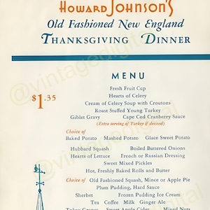 Vintage 1940 Howard Johnson's Restaurant Thanksgiving Old Fashioned Dinner Menu Frameable DIGITAL Art Download Printable Instant Download!