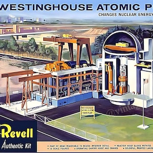 Peut inclure: Une illustration vintage de boîte pour un kit de modèle d'une centrale nucléaire Westinghouse. L'illustration montre une vue en coupe du réacteur, un camion de service et une tour de ligne électrique. L'illustration de la boîte est dans un style coloré avec un schéma de couleurs bleu, vert et blanc. Le texte sur la boîte indique "Westinghouse Atomic Power Plant" et "Changes Nuclear Energy into Electric Power".