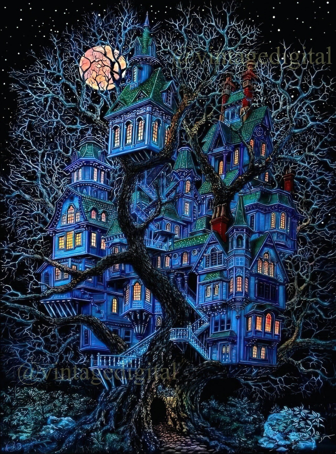 Vintage 1970s Treehouse Blacklight Poster Replica Digital Download