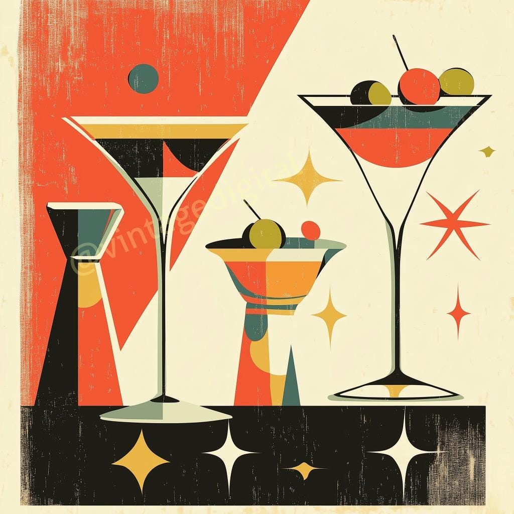 Retro Midcentury Modern Art Martini Cocktails Digital Image