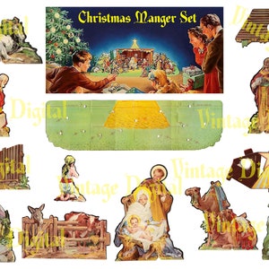 Conjunto de 17 imágenes recortadas de cartón de pesebre navideño vintage de los años 40. ¡Descarga digital, arte imprimible, efímera instantánea!