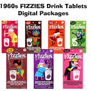 May include: Six vintage packages of Fizzies drink tablets. Each package features a colorful illustration of a person with a glass of fizzy drink. The flavors are Cherry, Root Beer, Orange, Lemon-Lime, Cola, and Strawberry.