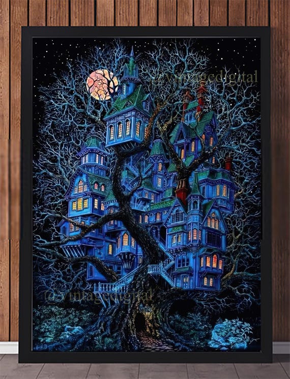 Vintage 1970s Treehouse Blacklight Poster Replica Digital Download