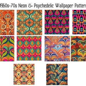 May include: 20 digital printable patterns in a retro 1960s and 1970s style. The patterns feature bright colors and psychedelic designs, including swirls, flowers, and geometric shapes.