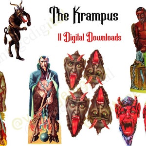 Puede incluir: Once descargas digitales de ilustraciones vintage con el Krampus, una criatura cornuda con forma de cabra asociada al folclore navideño. Las ilustraciones representan al Krampus en varias poses, incluyendo sosteniendo una cadena y un tenedor de heno.