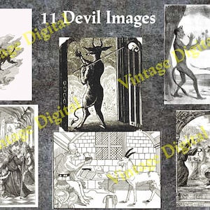 May include: A collection of 11 black and white illustrations depicting various depictions of devils. The images are from vintage books and feature devils with horns, tails, and other demonic features.