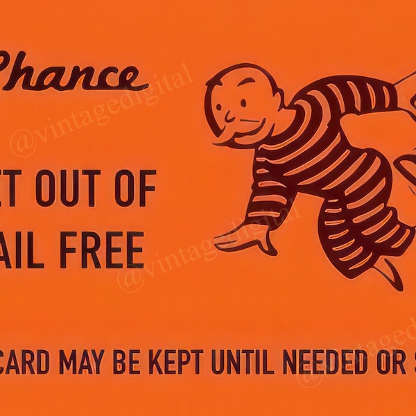 Vintage 1960s Monopoly Game Chance Get Out of Jail Free Card Framable Art Digital Download Printable - Instant Download!