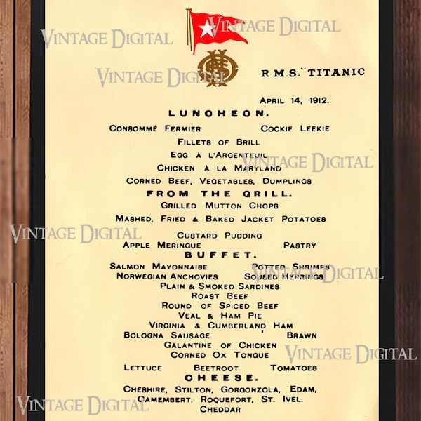 Vintage 1912 Final Titanic Luncheon Menu Digital Download Printable Art - Instant Download!