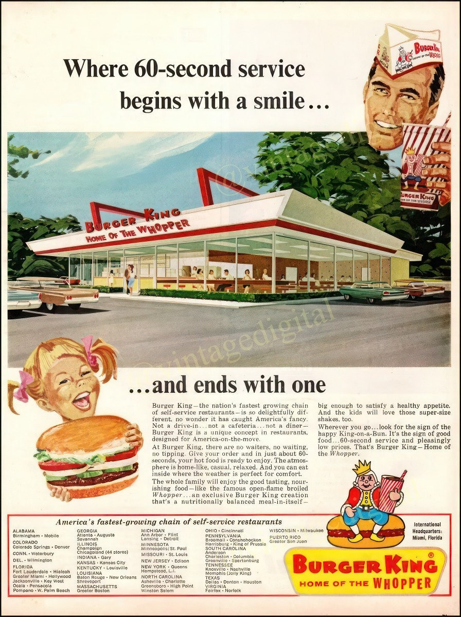 1960 年代のビンテージ バーガー キング レストランのレプリカ広告