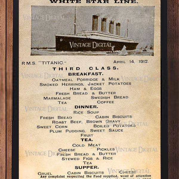 Vintage 1912 Final Titanic 3rd Class Breakfast Menu Digital Download Printable Art - Instant Download!