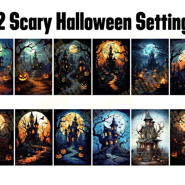 12 Scary Halloween Settings | Castles and Haunted Houses Clipart Images | Digital Download | Clipart Instant Download