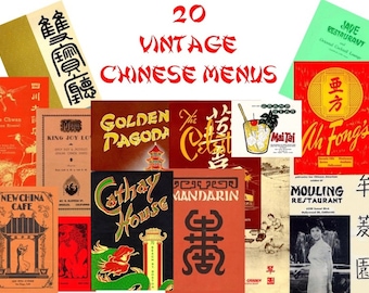 May include: A collage of 20 vintage Chinese restaurant menus. The menus feature a variety of designs, including traditional Chinese characters, illustrations of pagodas, and images of food. The menus are from different restaurants, including the Golden Pagoda, the Cathay House, and the Mandarin.