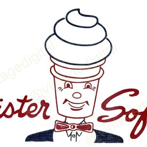 Puede incluir: Un logotipo de estilo vintage con un personaje de cono de helado sonriente con un remolino de helado suave en la parte superior. Las palabras "Mister Softee" están escritas en cursiva, con una pajarita roja.