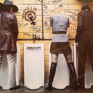 May include: A vintage photograph of three people standing in a public restroom. The people are wearing clothing from the 1970s. The walls are covered in graffiti, including the phrase "Woman's Lib." and "Stand Up For Equal Rights."