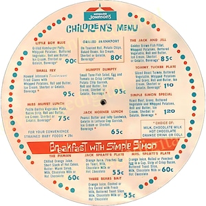 May include: A vintage Howard Johnson's Children's Menu, circular in shape, with a red and blue dotted border. The menu lists various children's meals, including Little Boy Blue, Grilled Frankfort, and Humpty Dumpty, with prices in cents.
