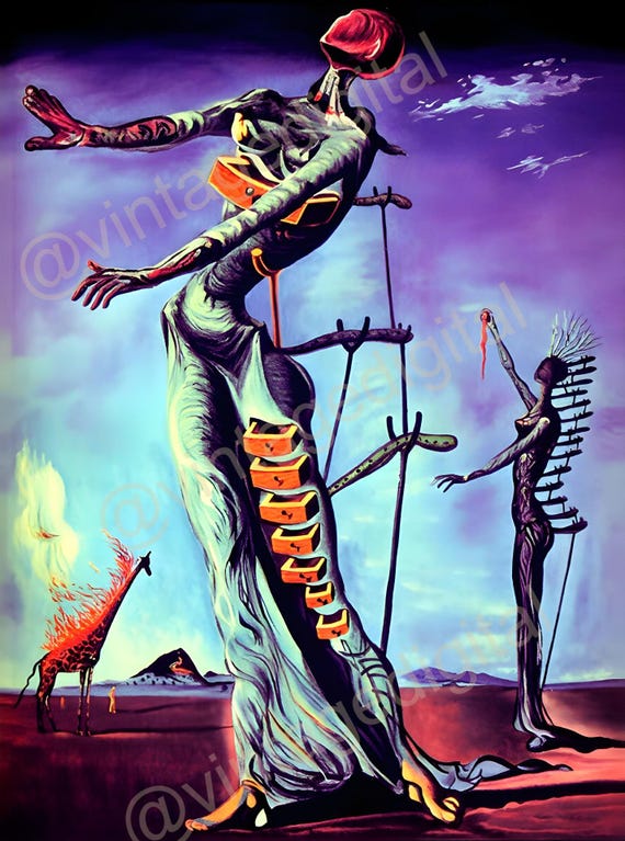 1970s-style Burning Giraffes Salvador Dali Blacklight Poster