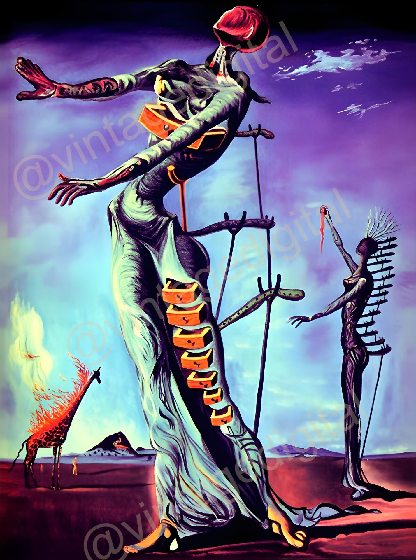 アートポスターNO.12(12636) 1970s-style Burning Giraffes Salvador Dali Blacklight Poster
