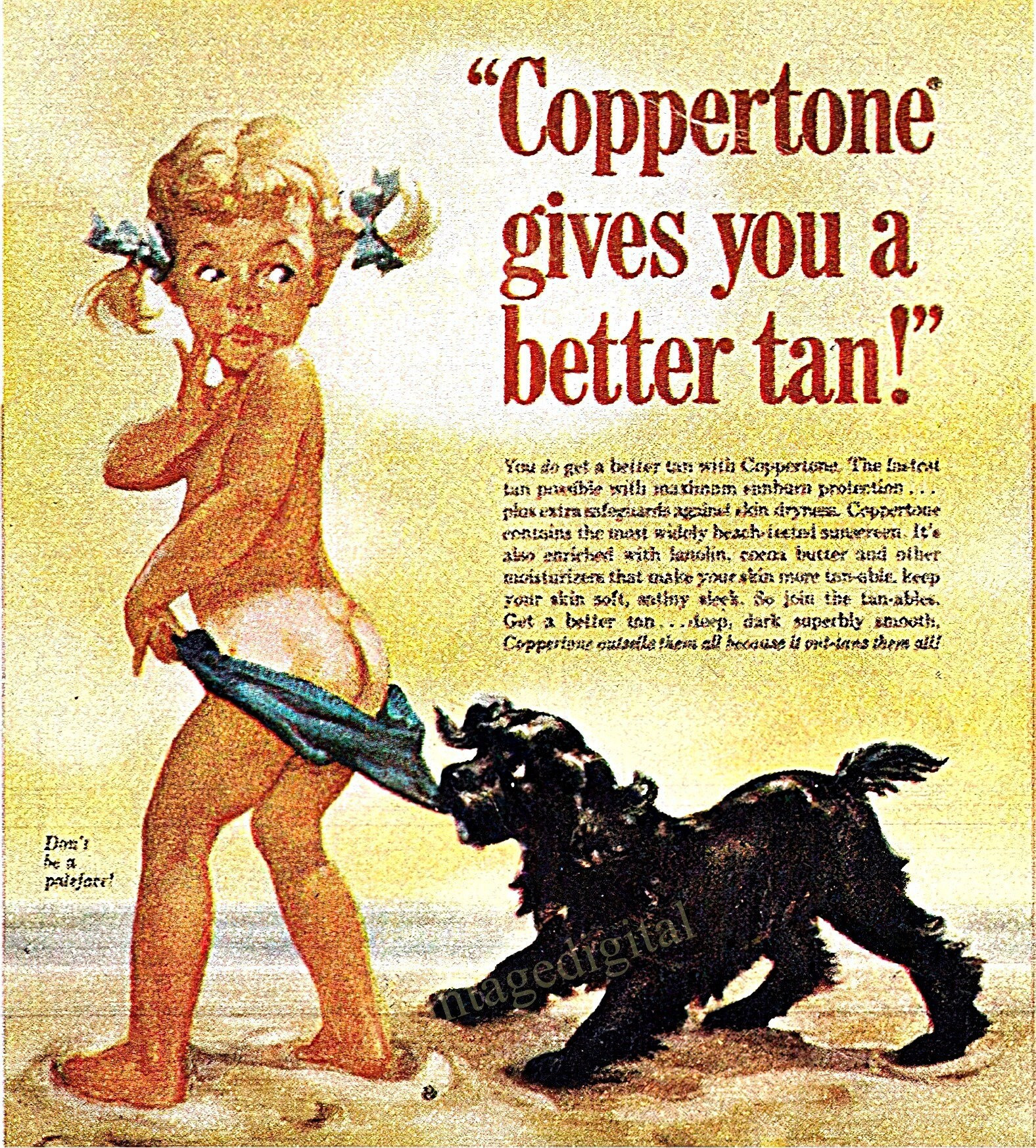 Vintage 1960s Coppertone Sun Lotion Don t Be a Pale Face Girl and Dog at the Beach Replica Ad DIGITAL Download Printable Instant Download