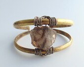 Smokey Quartz wire wrapped cuff on antiqued brass handmade