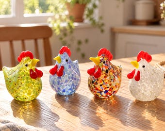 Handgeblazen glazen kippenbeeldje, kleurrijke glazen kuikentjes, mini glazen dierendecoratie voor op de vensterbank, schattig boerderijcadeau voor oma