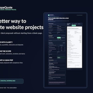 May include: A dark-themed digital interface for ScopeQuote, a tool for creating website project proposals. The screen displays text, input fields, and a generated proposal document, highlighting features like price clarity, scope definition, and PDF export.