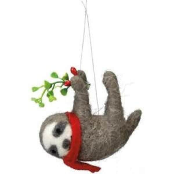 Felted Christmas Holly Sloth Crafting Ornament Nordic Decor Cute and Cuddly Scarf and Berries Figurine