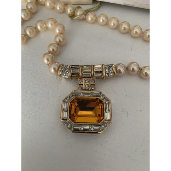 VTG LES BERNARD Pearl Citrine Yellow Amber Clear Rhinestone GoldTone Necklace