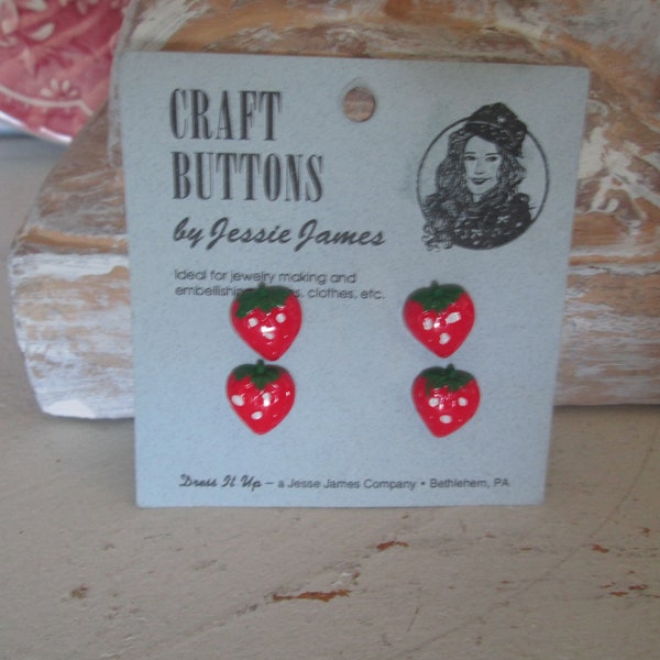 Cute Vintage Jessie James Strawberry Hard Plastic Buttons set of 4 on Card Sewing Crafting Altered Art Children's Clothing Fruit Collect