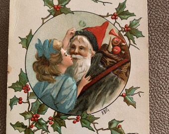 Vintage Old World Germany Christmas Greeting Postcard Santa Claus Holly KBG Signed Embossed Early 1900’s