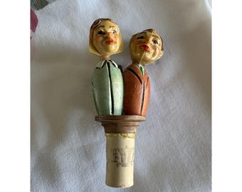VTG  Italian ANRI Hand Carved WINE Cork Wood Wine Stopper Man Woman Old World