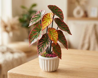 Mini pianta in argilla fatta a mano, decorazione in miniatura con vaso, ornamento da scrivania con foglie variegate, piccola pianta d'appartamento artificiale, regalo per amanti delle piante