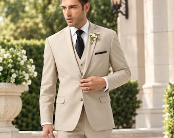 Beige driedelig pak voor heren, beige trouwpak voor mannen, moderne outfit voor de bruidegom, elegant formeel pak, slim fit herenpak, klassieke trouwkleding