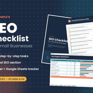 May include: A digital SEO checklist for small businesses featuring 82 step-by-step tasks, a local SEO section, and an Excel and Google Sheets tracker. The document includes a progress dashboard and is available in US Letter and A4 formats.