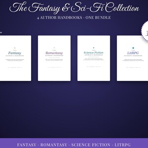 Pacchetto di manuali di scrittura fantasy e fantascientifica: quattro guide per autori, romanzi rosa, LitRPG, worldbuilding, PDF stampabile.