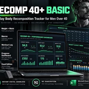 May include: A digital body recomposition tracker titled RECOMP 40+ BASIC displayed on a laptop screen. The interface features performance dashboards, weight and waist tracking, workout logs, and calorie and macro charts in green and black.