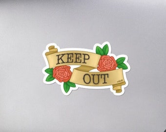 Keep Out Vinyl Sticker, Floral Illustration Decal for Luggage and Journals