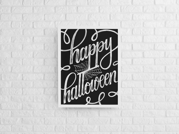 Happy Halloween Wall Art Print Chalkboard Lettering Poster with Spiderwebs Cute Spooky Fall Decor for Home Office or Classroom