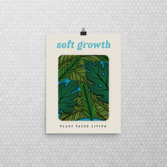 Soft Growth Plant-Paced Living Poster Tropical Leaf Wall Art Slow Living Print Botanical Art for Calm Vibes Motivational Plant Lover Gift