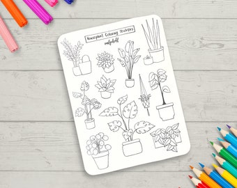 Coloring Stickers, Houseplant Themed Journal Sticker Sheet