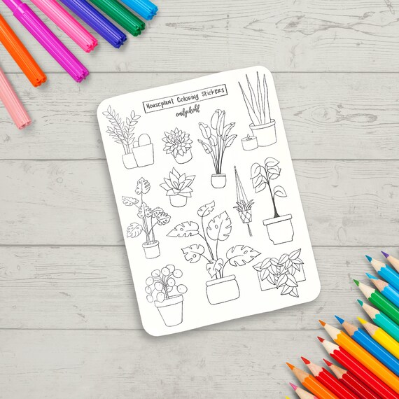 Coloring Stickers Houseplant Sticker Sheet for Journals and Scrapbooks Adult Coloring Gift