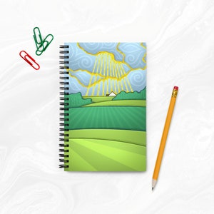 Farm Landscape Spiral Notebook Green Sunlit Fields Dot Grid Journal Farmhouse Notebook Countryside Sketchbook Gift for Nature Lovers