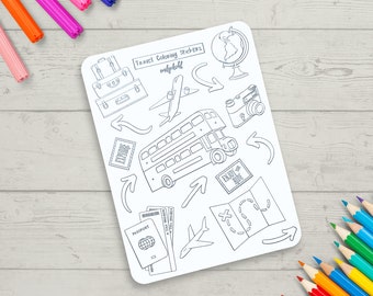 Coloring Stickers, Travel Themed Journal Sticker Sheet